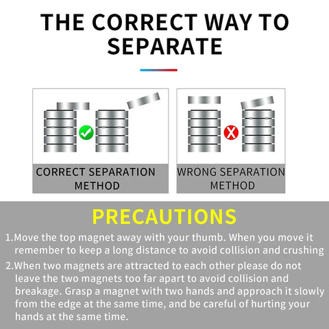 Instructions for separating 100 Pack Neodymium Disc Magnets Featuring Kickin Strong Rare Earth Pull for safe use.