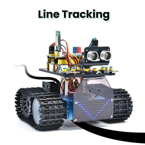 Programmable Mini Tank Robot Kit for STEM Enthusiasts With Arduino And Mixly Compatibility, Easy Build Starter Kit For Kids And Adults, Line Tracking, Light Following, And Fire Suppression Features That Spark Totally Real World Learning. black tracked robot kit with ultrasonic sensor