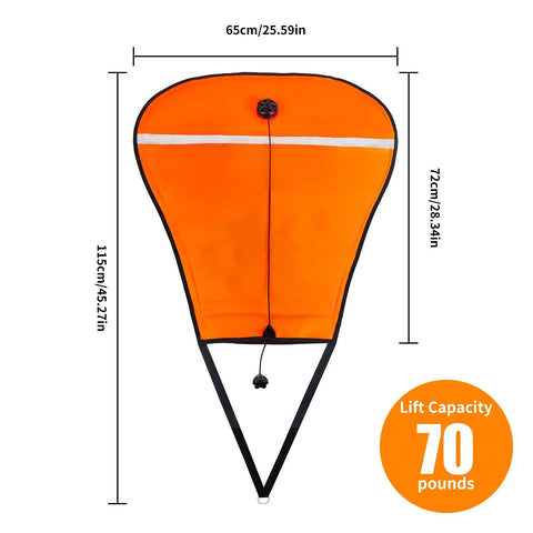 70Lb Scuba Lift Bag With Over Pressure Valve And Open Bottom High Visibility Orange Nylon TPU Coated 210D front view