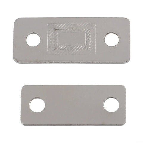 Magnetic Cabinet Catch And Latch Kit For Wardrobe Doors And Drawers, silver metal hardware plates, top view, 42mm