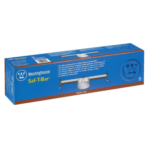 Saf-T-Bar Ceiling Fan Mount Kit For Safe DIY Install box packaging with blue design and specifications visible on the side.