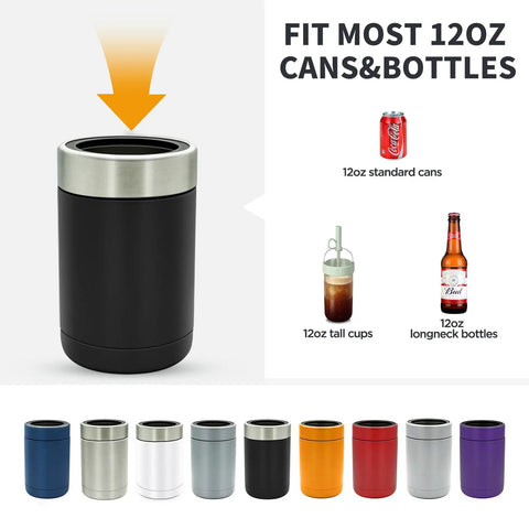 Stainless Steel 12oz Vacuum Insulated Can And Bottle Cooler Keeps Ya Drinks Ice Cold With Double Wall Construction Copper Plated Chiller Metal Cooler For Cans And Bottles Black Finish