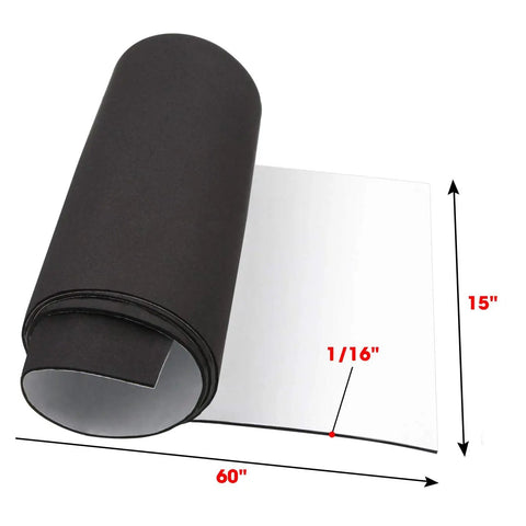 Neoprene Sponge Foam Roll 15x60 Inch 0.0625 Inch Thick With Adhesive Backing for DIY projects, shown rolled out with measurements.
