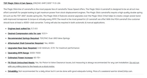TSP Magic Stick 4 Cam Specs including specifications for 5.7, 6.0 engines and required components for Heavy Duty Stage Two Truck Cam Setup Featuring Certified Gm Hydraulic Rollers Beefy Beehive Spring Packs Solid Valve Locks Steel Push Tubes And Dyno Calibrated Ls Gaskets For Reliable 6.0 6.2 V8 Power Builds.