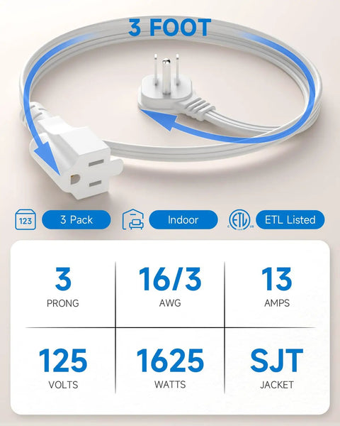 Flat Plug 3 Foot Extension Cord Pack With 90 Degree Right Angle Wall Plug White 16 AWG Indoor Grounded 3 Prong SJT