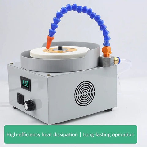 Image of Rock Solid Wet Bench Grinder And Variable Speed Electric Sander With Three Diamond Grinding Discs For Smooth Metal Buffing Jade Slabbing And Dust Free Glass Edging On Shop Projects, featuring cooling hose and digital display.