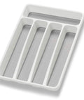 Five Compartment Kitchen Drawer Organizer White Plastic Silverware Tray Holds Flatware And Utensils Neatly Keeps Drawers Clutter Free With Zero Hassle Super Heavy Duty Non Slip Base For Home Cooks Total Game Changer side view showing five slots and non-slip base