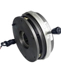 DHM8-12 Power Off Electromagnetic Brake, front view: black housing with silver ring and side knob