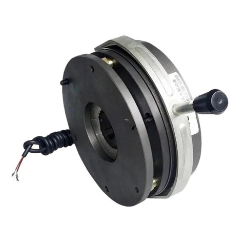 DHM8-12 Power Off Electromagnetic Brake, front view: black housing with silver ring and side knob