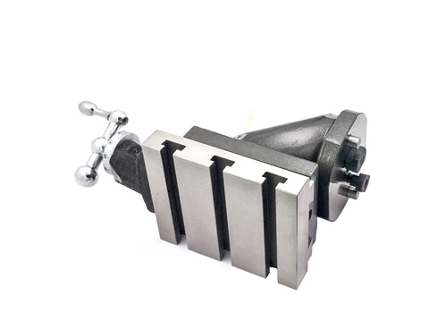 Side view of Swivel 2 Way Lathe Milling Vertical Slide Upgrade for Small Hobby Lathes with dual tee slots and metallic finish