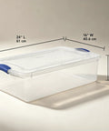 Heavy Duty 32 Quart Medium Clear Plastic Latching Storage Bin With Snap Tight Locking Lid Spill Resistant Container, 24" L.