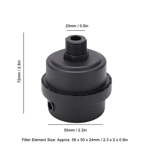 Air Compressor Parts Kit With G1/2 Inlet Muffler And Oil Pump, Dust Blocking Air Filter, black component with dimensions marked