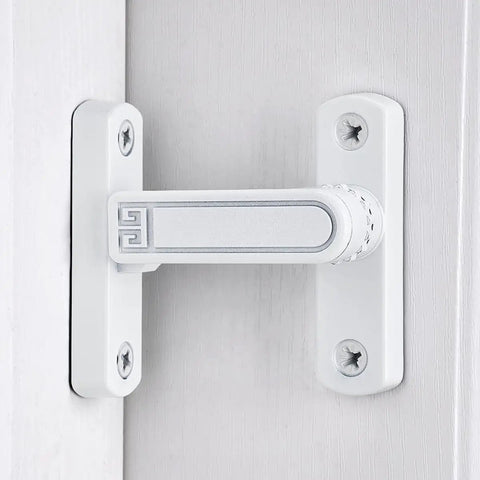 White Barn Door Latches With Adjustable 0 To 7 Millimeters Height For Flawless Gap Alignment and 90 Degree Swivel Lock on a white door.
