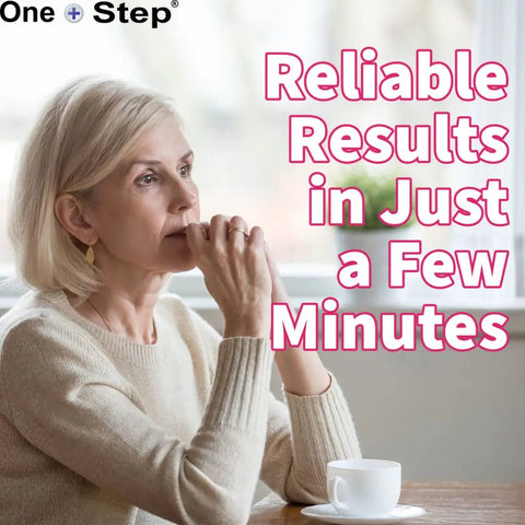 At-Home FSH Menopause Test Strips For Peri Menopausal Self Test, Five Pack Urine Kit To Check Follicle Stimulating Hormone Levels, Easy Home Fertility Screen And Ovarian Reserve Insight woman at table