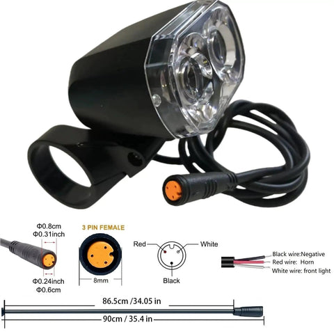 Ride Ready Electric Bike Front Light Mount On Handlebar With 3 Pin Female Waterproof Connector LED Headlight, yellow plug, diagram