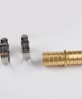 Brass barbed hose joiner with two stainless steel clamps for garden hose repair