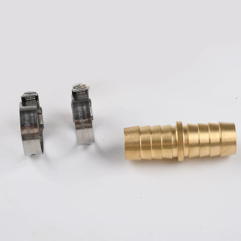 Brass barbed hose joiner with two stainless steel clamps for garden hose repair