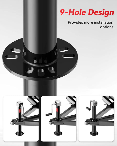 Close-up of FZZD 5000-lb A-frame trailer jack with black post and 9-hole base plate.