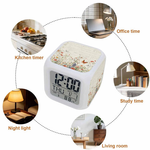 Solid Butterfly Floral Digital Alarm Clock With Silent Sleep Mode And Chill Nightlight displaying time date temperature for bedroom or desk