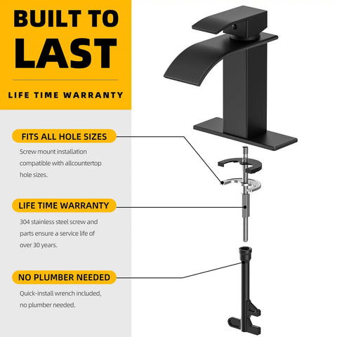 Diagram of Matte Black Modern Waterfall Bathroom Faucet With Single Handle Fits 1 Or 3 Hole Sinks Includes Deck Plate And Hose Quiet Flow