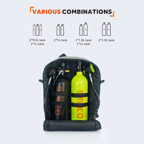 Scuba Diving Backpack With Detachable Small Bag For Travel Holds Mini Scuba Tanks, Mask, Snorkel, Fins, And More shown open.