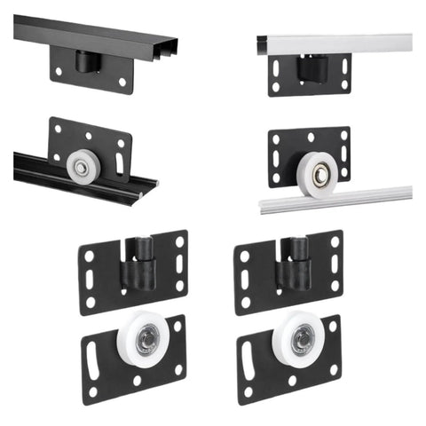 Beefed Up Heavy Duty Sliding Closet Door Roller Set For Wardrobes And Cupboards, black and white steel casters, front and side views