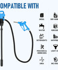 Hassle Free Electric Drum Pump With Telescopic Suction Tube And Swivel Nozzle showing compatibility icons for various liquids.