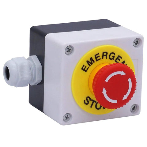 Side view of Emergency Stop Push Button Switch 22mm 2NC Red Mushroom Stop Button Box 10A 440V Industrial Safety Switch with 4 Terminals
