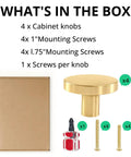 4 Pack Gold Solid Cabinet Pulls Round Knobs Brushed Brass Dresser Handles For Cabinets And Drawers Easy Install 0.78 x 1.18 Inch Fingerprint Resistant Finish Durable Kitchen Cupboard Hardware screws and package contents