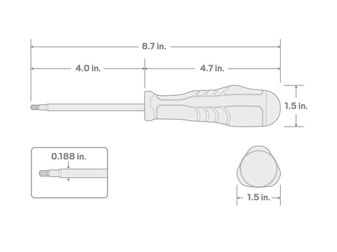 Diagram of Torx T20 High-Torque Screwdriver With Three-Sided Handle For Maximum Power And Smooth Speed, dimensions labeled