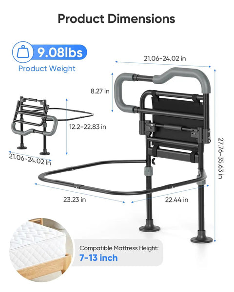 Foldable Bedside Rail For Seniors with product dimensions, non slip handle, adjustable width, supports up to 350 lbs, fits 7-13 inch mattresses