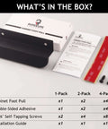 Under Cabinet Foot Pull With Thick EVA Pads Hands Free Toe Opener For Kitchen Trash Cabinets And Drawers Aluminum Alloy Four And Three Quarters Inch Matte Black package contents with installation guide and accessories.