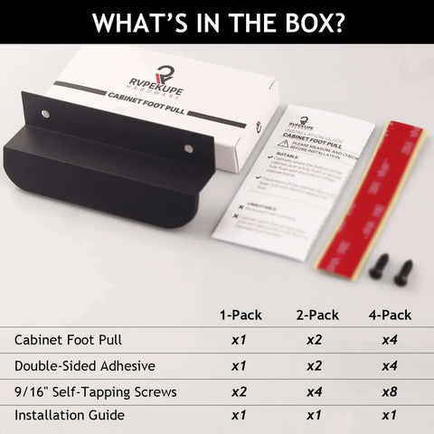 Under Cabinet Foot Pull With Thick EVA Pads Hands Free Toe Opener For Kitchen Trash Cabinets And Drawers Aluminum Alloy Four And Three Quarters Inch Matte Black package contents with installation guide and accessories.