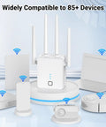 Dual Band WiFi Booster Delivers 1200Mbps For Lag Free Streaming And Gaming Covers Up To 15999 Sq Ft And 105+ Devices Includes Ethernet Port For Wired Devices Easy Repeater Setup 2.4GHz And 5GHz shown with various compatible devices