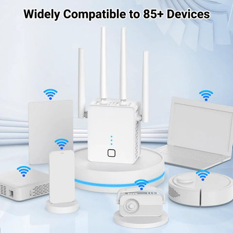 Dual Band WiFi Booster Delivers 1200Mbps For Lag Free Streaming And Gaming Covers Up To 15999 Sq Ft And 105+ Devices Includes Ethernet Port For Wired Devices Easy Repeater Setup 2.4GHz And 5GHz shown with various compatible devices