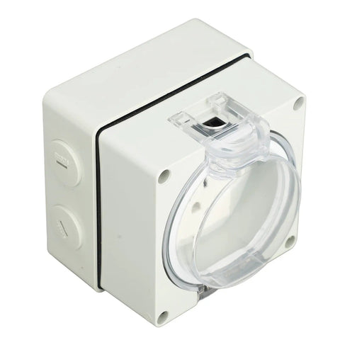 Heavy Duty Outdoor Electrical Outlet With Clear IP66 Rated Cover Built To Dodge Downpours Like A Champ While Delivering Reliable Power To Your Deck Patio Or Yard Setup Without Any Headaches, white casing with transparent cover.