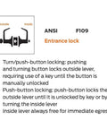Diagram of ANSI F109 Entrance Lock showing turn/push-button locking features and instructions. Grade 2 Heavy Duty Cylindrical Lever Lockset ADA UL Listed Satin Chrome US26D Entry Reversible For Left Or Right Doors Backset Two And Three Eighths Or Two And Three Quarters Inches Fits Doors One And Three Eighths To Two Inches Thick.