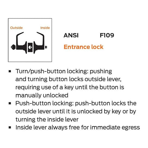 Diagram of ANSI F109 Entrance Lock showing turn/push-button locking features and instructions. Grade 2 Heavy Duty Cylindrical Lever Lockset ADA UL Listed Satin Chrome US26D Entry Reversible For Left Or Right Doors Backset Two And Three Eighths Or Two And Three Quarters Inches Fits Doors One And Three Eighths To Two Inches Thick.