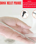 Waterproof temperature meat probe in hand, Pit Boss Meat Probe note, plug and cable detail, 3.5 mm plug.
