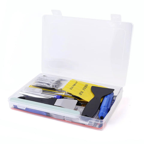 Front view of an open clear plastic case with Auziya 45-piece 3D printer tool kit, blue-handled tools, scrapers and files