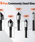 Five Piece Countersink Drill Bit Set with 1/4 to 3/4 Inch Shanks HSS 4241 for Steel Wood Metal and Plastic, 5 sizes shown.