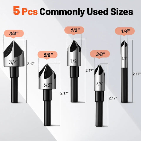 Five Piece Countersink Drill Bit Set with 1/4 to 3/4 Inch Shanks HSS 4241 for Steel Wood Metal and Plastic, 5 sizes shown.