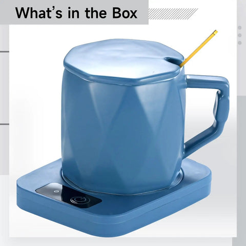 Ceramic coffee cup warmer with durable heating pad, cool blue hue, designed to keep drinks at 55 degrees for lazy Sundays.
