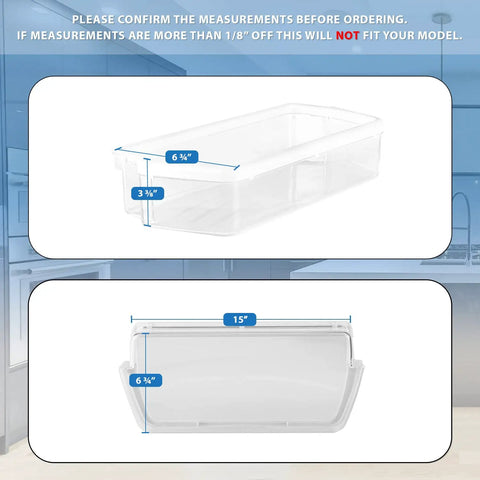 Upgraded Clear Door Shelf Bin For WPW10321304 Refrigerator Replacement Part shown with measurements in kitchen setting.