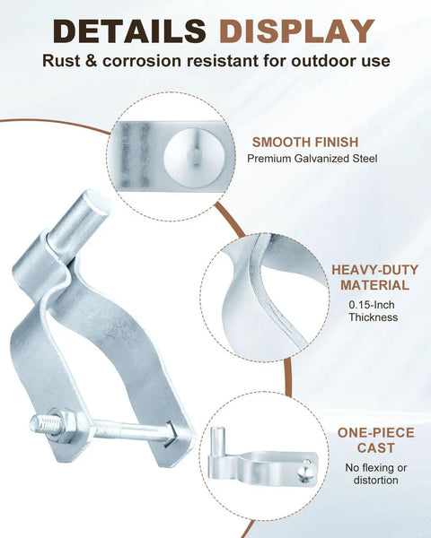 Four Pack Chain Link Fence Gate Male Hinges For 2-3/8 Inch OD Post Or Pipe With 5/8 Inch Pin Galvanized Steel Construction Rust Resistant Weatherproof Gate Hardware For Quick Easy Installation showing galvanized steel, 0.15-inch thickness