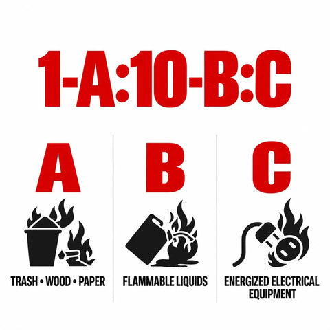 1A 10BC fire classification symbols for trash, flammable liquids, and energized electrical equipment.