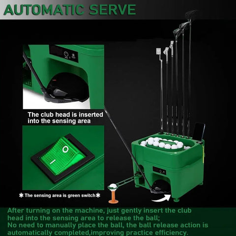 Hands Free Golf Ball Dispenser For Indoor Simulators And Driving Range With Auto Tee Up System And Cue Holder Infrared Sensor