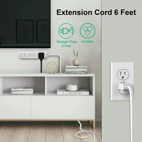 Three Outlet Power Strip With Two USB Ports 2.4A Total White 6 Foot Cord 1250W 10A Surge Protector 300 Joules Wall Mountable For Home Office SGS Listed Space Saving Dope Setup in living room space.