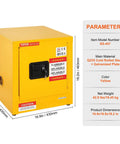 Flammable Storage Cabinet Galvanized Steel With Double Wall Construction 17 By 17 By 18 Inches Adjustable Shelves Rugged No Nonsense Storage For Shop Industrial And Home Use, yellow cabinet with safety labels, front view