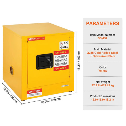Flammable Storage Cabinet Galvanized Steel With Double Wall Construction 17 By 17 By 18 Inches Adjustable Shelves Rugged No Nonsense Storage For Shop Industrial And Home Use, yellow cabinet with safety labels, front view